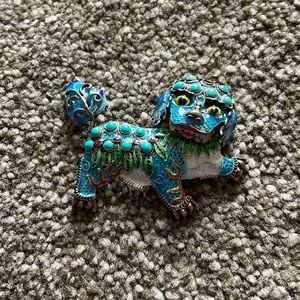 Vintage filigree, sterling, silver, Asian dog brooch ,enamel turquoise
